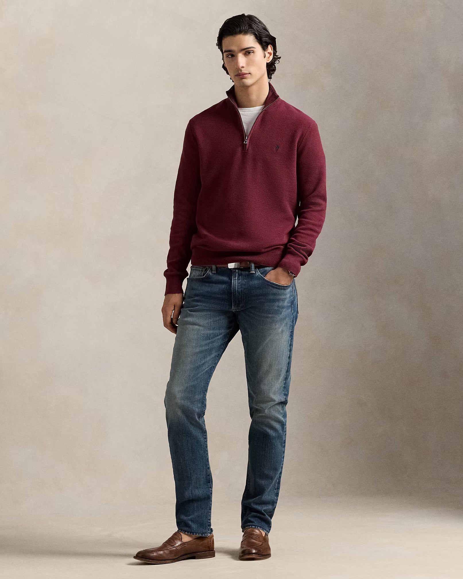 Jersey de algodón de punto de malla con cremallera de un cuarto