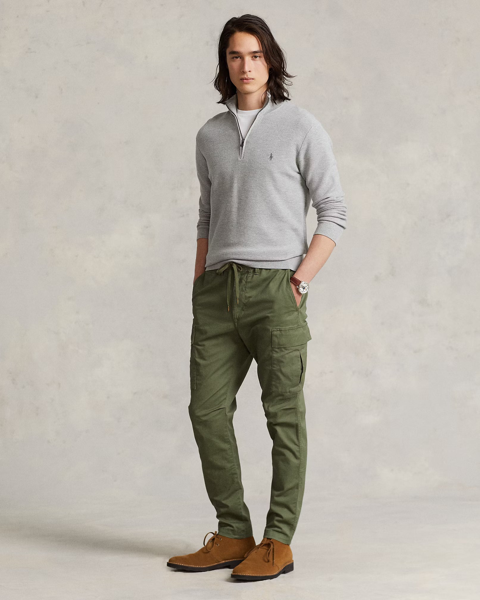 Jersey de algodón de punto de malla con cremallera de un cuarto