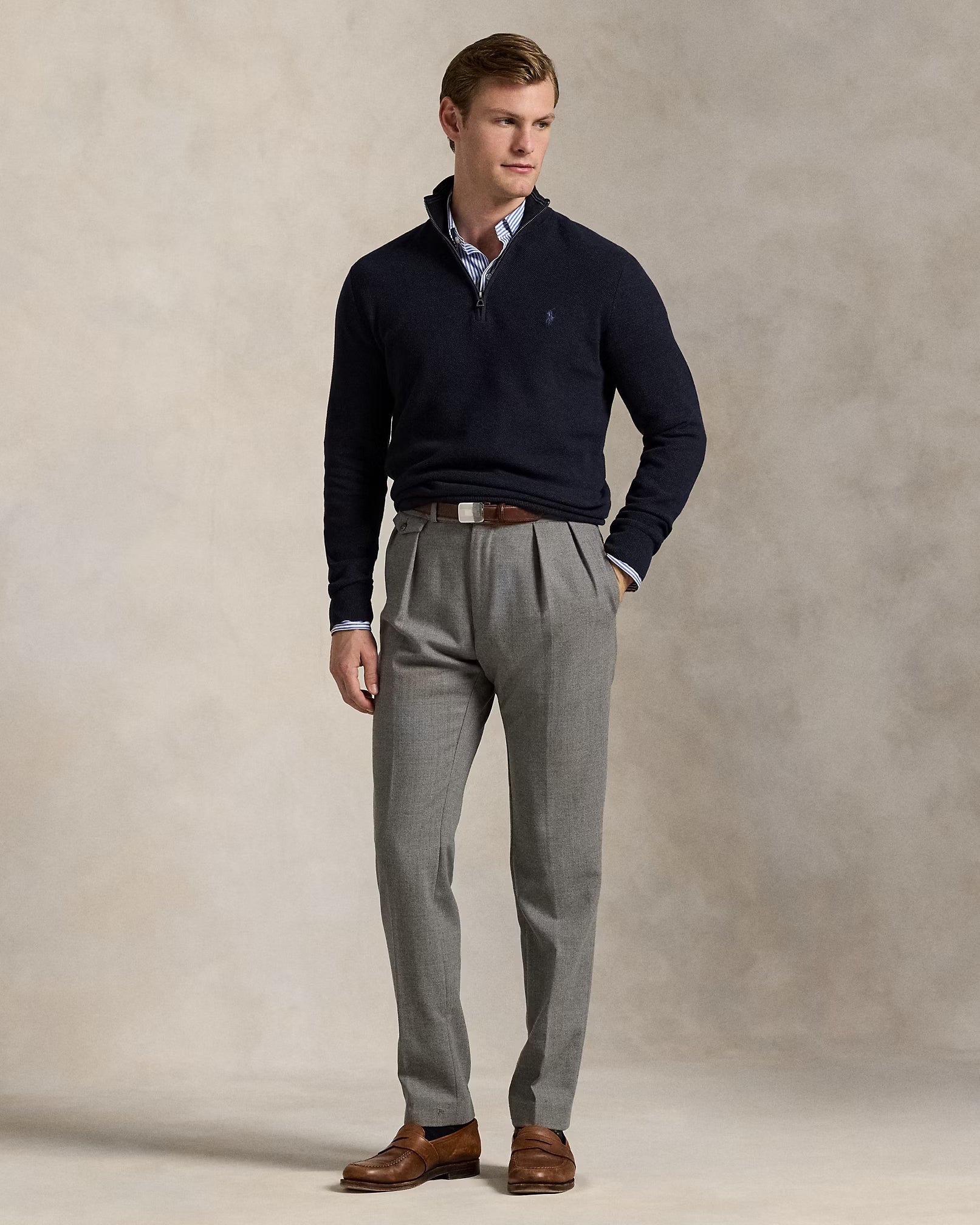 Jersey de algodón de punto de malla con cremallera de un cuarto